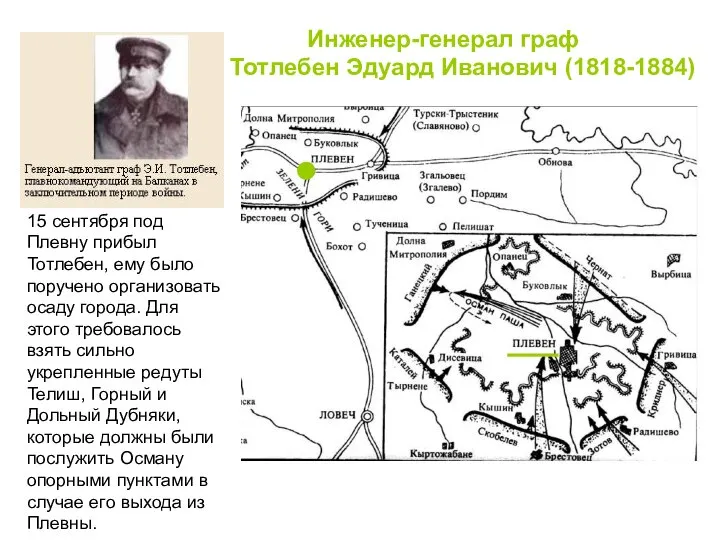 Инженер-генерал граф Тотлебен Эдуард Иванович (1818-1884) 15 сентября под Плевну прибыл