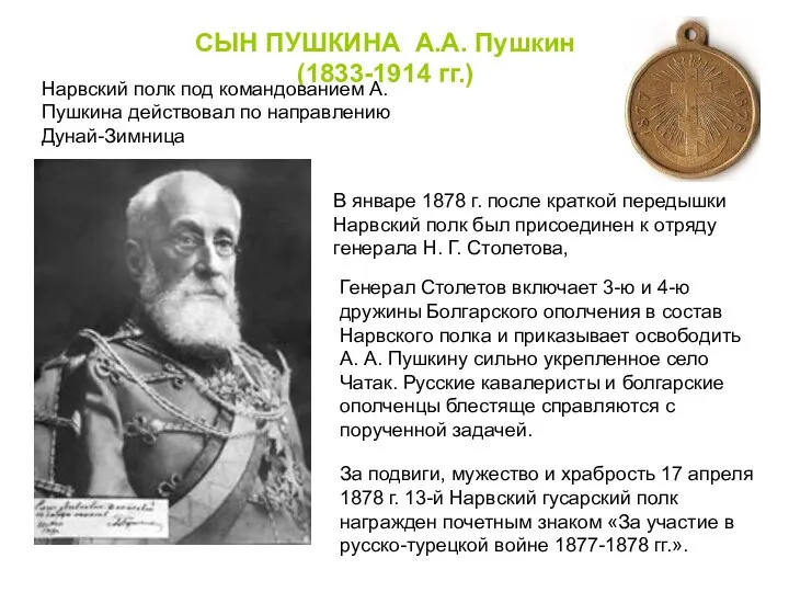 СЫН ПУШКИНА А.А. Пушкин (1833-1914 гг.) Нарвский полк под командованием А.Пушкина