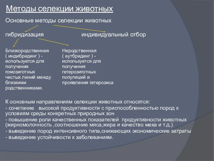 Методы селекции животных Основные методы селекции животных гибридизация индивидуальный отбор К