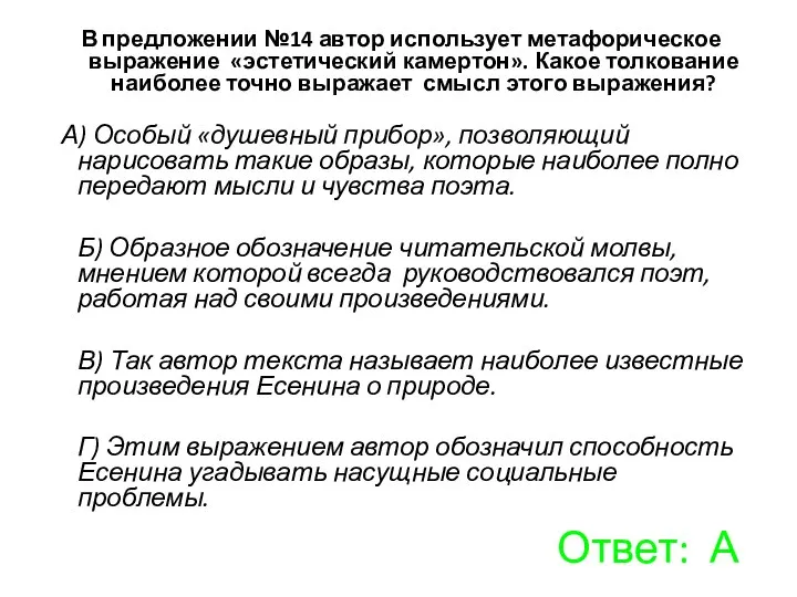 В предложении №14 автор использует метафорическое выражение «эстетический камертон». Какое толкование