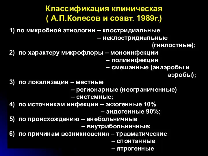 Классификация клиническая ( А.П.Колесов и соавт. 1989г.) 1) по микробной этиологии