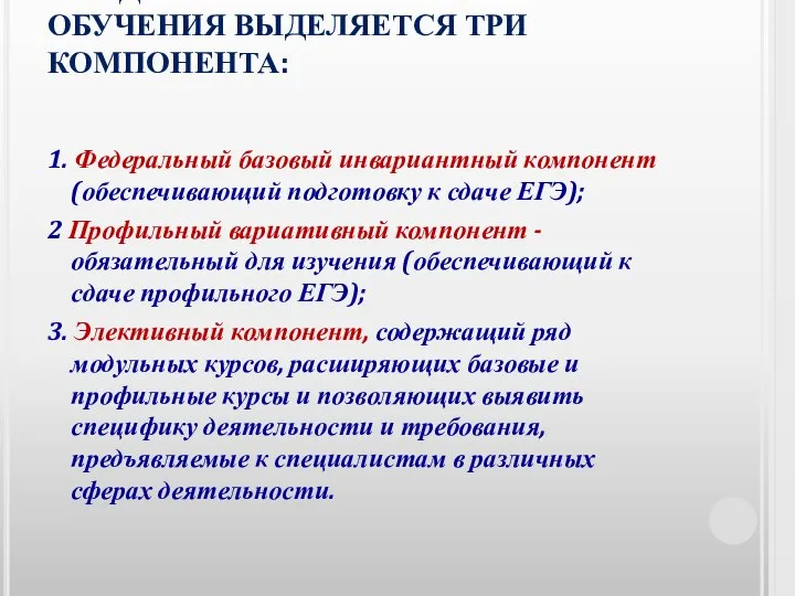 В СОДЕРЖАНИИ ПРОФИЛЬНОГО ОБУЧЕНИЯ ВЫДЕЛЯЕТСЯ ТРИ КОМПОНЕНТА: 1. Федеральный базовый инвариантный