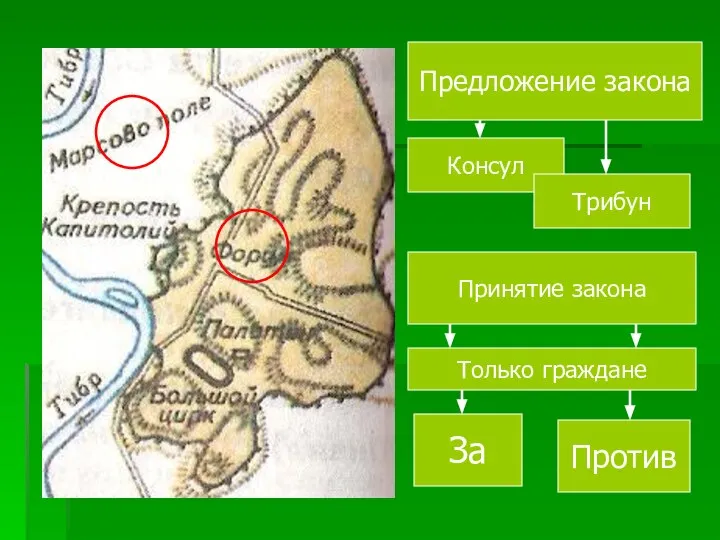 Предложение закона Консул Трибун Принятие закона Только граждане За Против