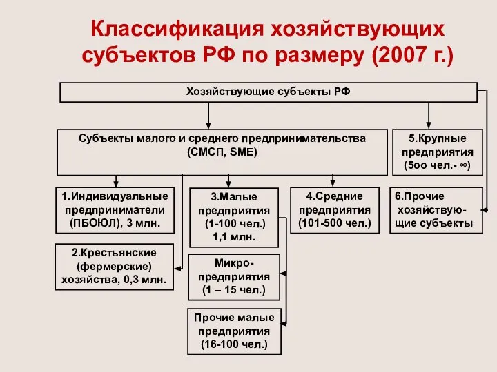 Классификация хозяйствующих субъектов РФ по размеру (2007 г.) Хозяйствующие субъекты РФ