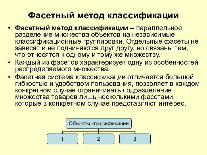 Фасетный метод классификации Фасетный метод классификации – параллельное разделение множества объектов