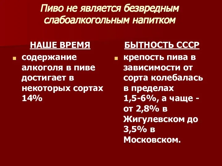 Пиво не является безвредным слабоалкогольным напитком НАШЕ ВРЕМЯ содержание алкоголя в