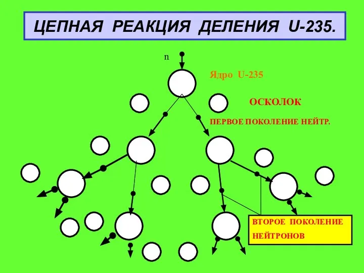 ЦЕПНАЯ РЕАКЦИЯ ДЕЛЕНИЯ U-235. Ядро U-235 ОСКОЛОК ПЕРВОЕ ПОКОЛЕНИЕ НЕЙТР. ВТОРОЕ ПОКОЛЕНИЕ НЕЙТРОНОВ n