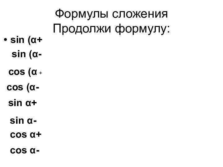 Формулы сложения Продолжи формулу: sin (α+ cos (α + sin (α-