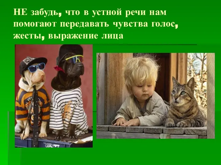 НЕ забудь, что в устной речи нам помогают передавать чувства голос, жесты, выражение лица