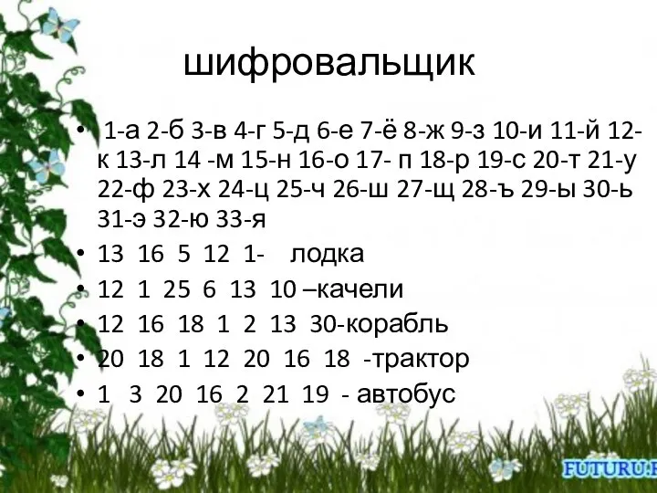 шифровальщик 1-а 2-б 3-в 4-г 5-д 6-е 7-ё 8-ж 9-з 10-и