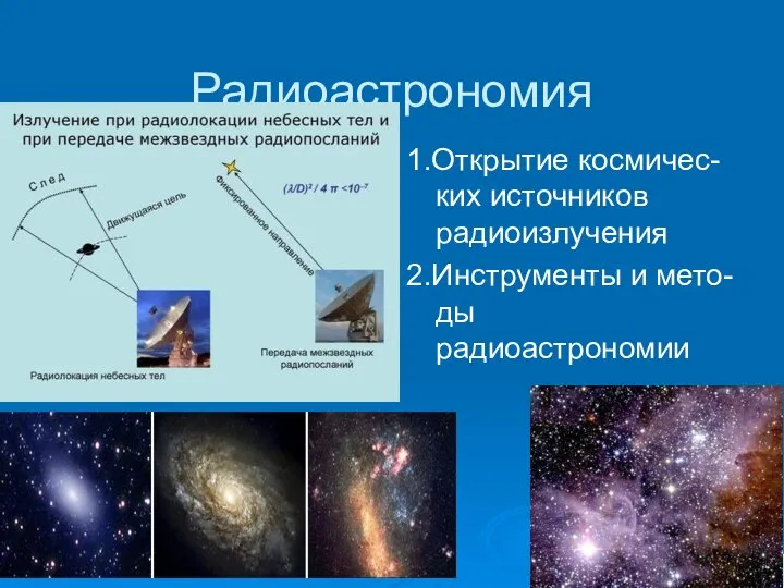 Радиоастрономия 1.Открытие космичес-ких источников радиоизлучения 2.Инструменты и мето-ды радиоастрономии