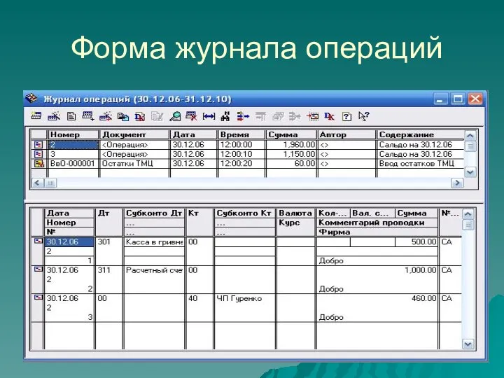 Форма журнала операций