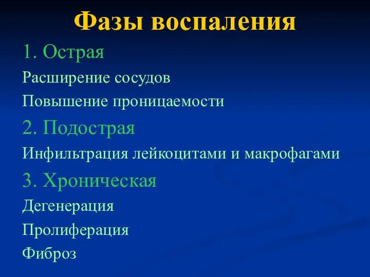 Фазы воспаления 1. Острая Расширение сосудов Повышение проницаемости 2. Подострая Инфильтрация