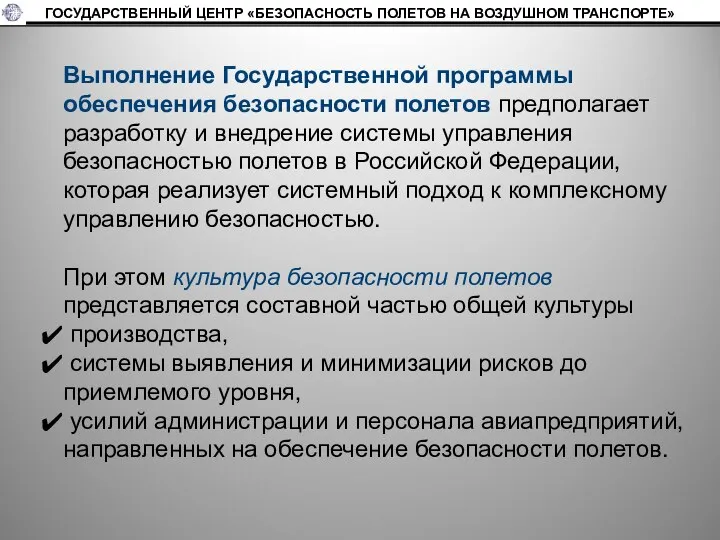 Выполнение Государственной программы обеспечения безопасности полетов предполагает разработку и внедрение системы