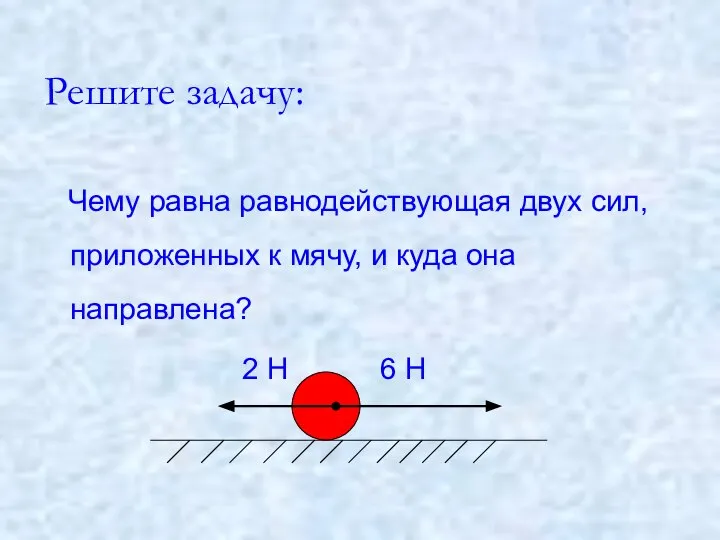 Решите задачу: Чему равна равнодействующая двух сил, приложенных к мячу, и