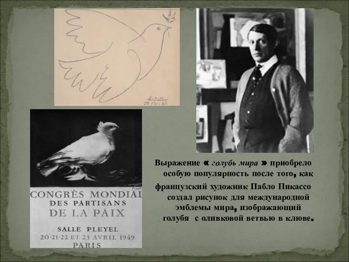 Выражение « голубь мира » приобрело особую популярность после того, как