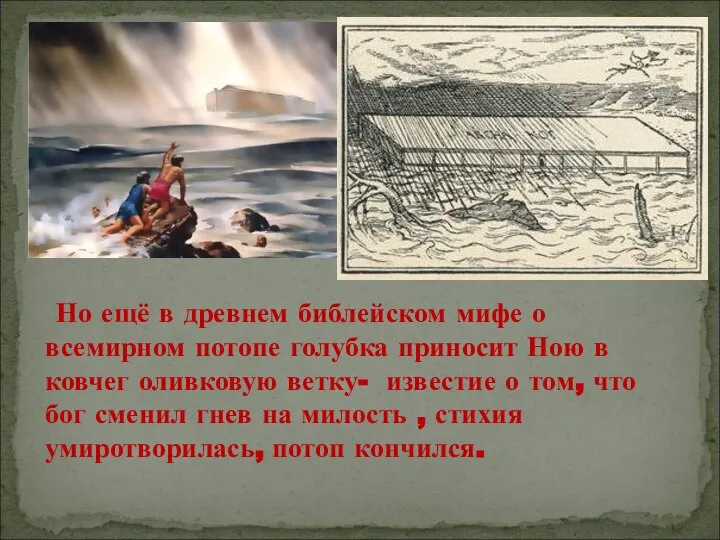 Но ещё в древнем библейском мифе о всемирном потопе голубка приносит