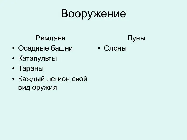 Вооружение Римляне Осадные башни Катапульты Тараны Каждый легион свой вид оружия Пуны Слоны