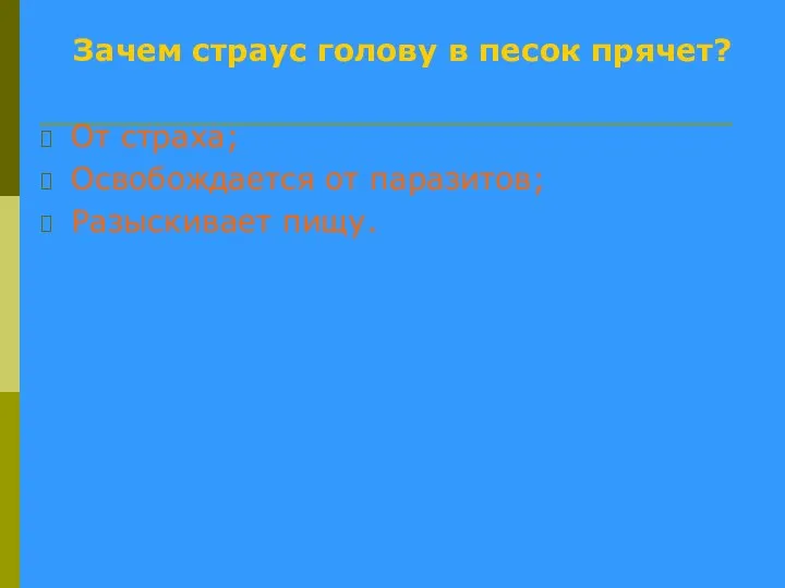 Зачем страус голову в песок прячет? От страха; Освобождается от паразитов; Разыскивает пищу.