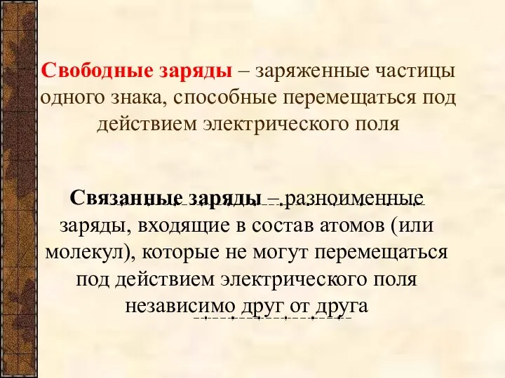 Свободные заряды – заряженные частицы одного знака, способные перемещаться под действием