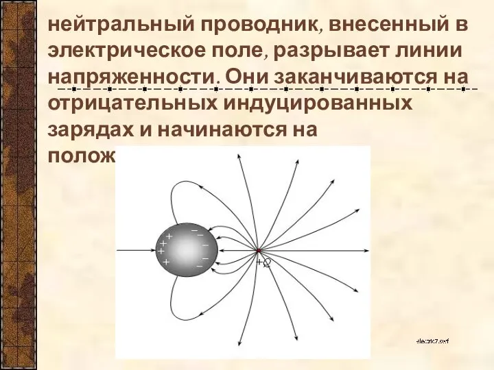 нейтральный проводник, внесенный в электрическое поле, разрывает линии напряженности. Они заканчиваются