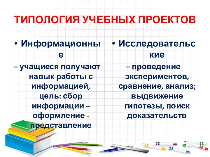 ТИПОЛОГИЯ УЧЕБНЫХ ПРОЕКТОВ Информационные – учащиеся получают навык работы с информацией,