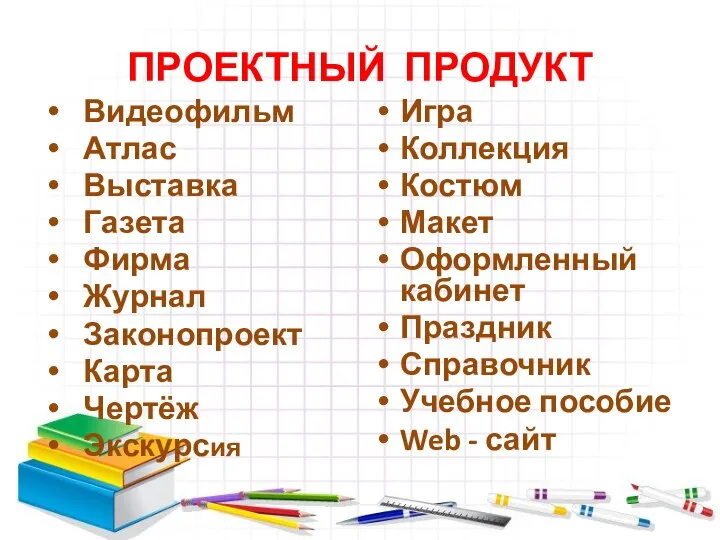 ПРОЕКТНЫЙ ПРОДУКТ Видеофильм Атлас Выставка Газета Фирма Журнал Законопроект Карта Чертёж