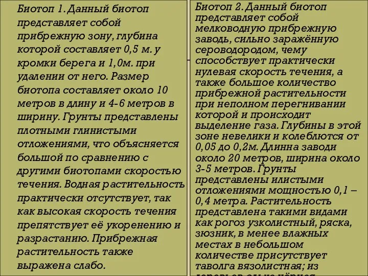 Биотоп 1. Данный биотоп представляет собой прибрежную зону, глубина которой составляет