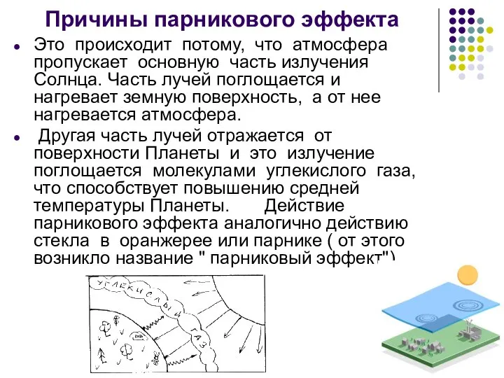 Причины парникового эффекта Это происходит потому, что атмосфера пропускает основную часть