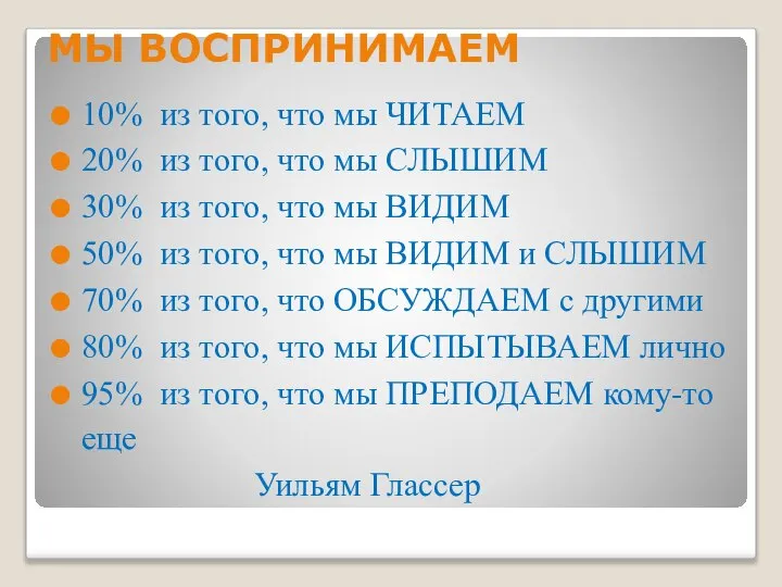 МЫ ВОСПРИНИМАЕМ 10% из того, что мы ЧИТАЕМ 20% из того,