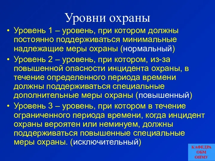 Уровни охраны Уровень 1 – уровень, при котором должны постоянно поддерживаться