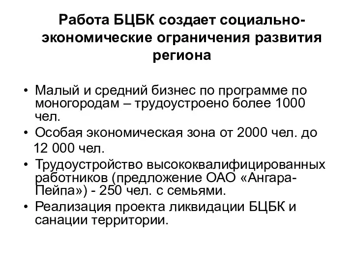 Работа БЦБК создает социально-экономические ограничения развития региона Малый и средний бизнес