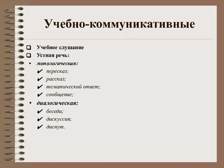 Учебно-коммуникативные Учебное слушание Устная речь: монологическая: пересказ; рассказ; тематический ответ; сообщение; диалогическая: беседа; дискуссия; диспут.