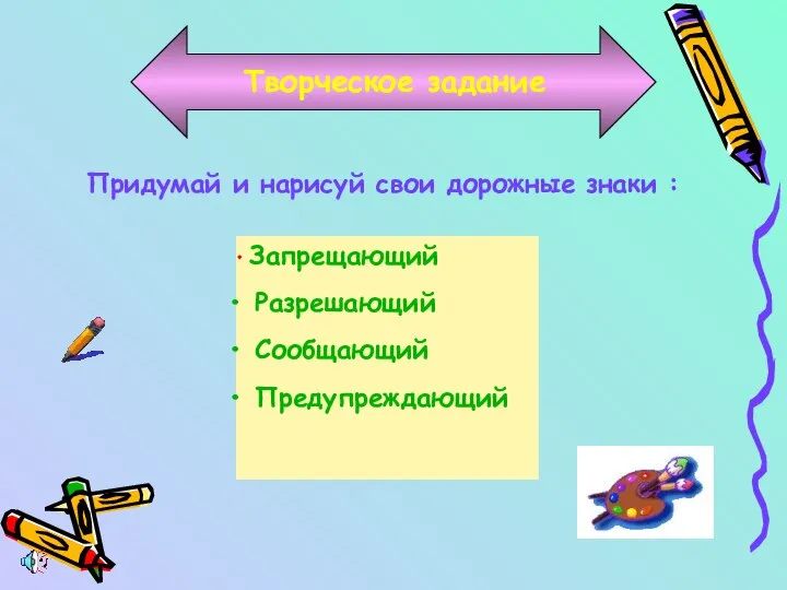 Творческое задание Придумай и нарисуй свои дорожные знаки : Запрещающий Разрешающий Сообщающий Предупреждающий