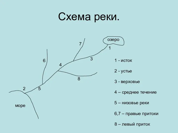 Схема реки. 1 - исток 2 - устье 3 - верховье