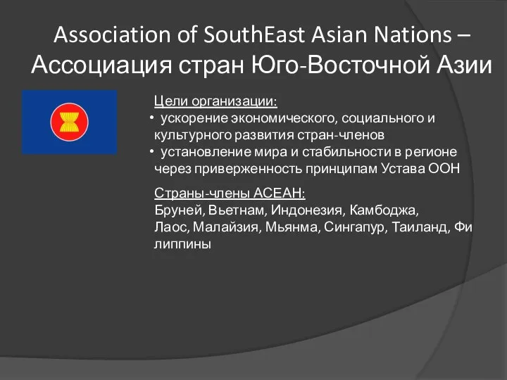 Association of SouthEast Asian Nations – Ассоциация стран Юго-Восточной Азии Цели
