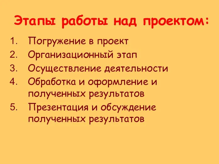 Этапы работы над проектом: Погружение в проект Организационный этап Осуществление деятельности