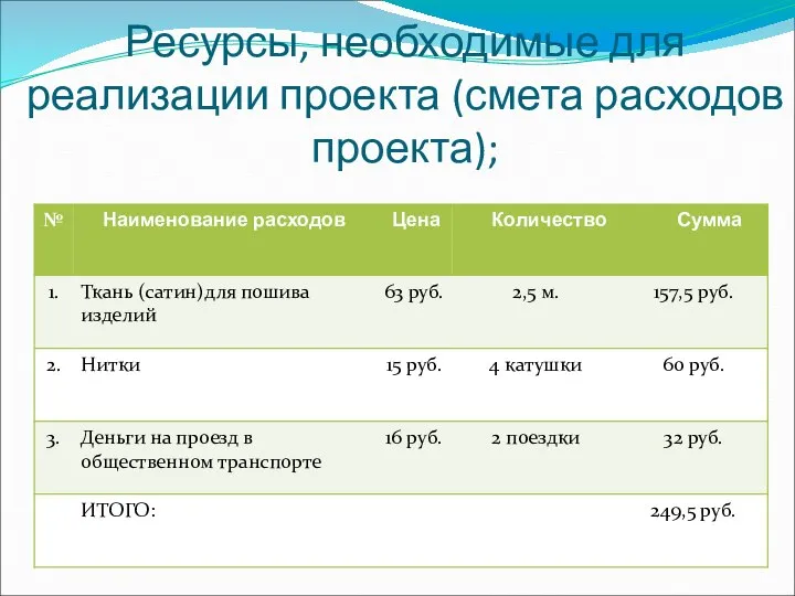 Ресурсы, необходимые для реализации проекта (смета расходов проекта);