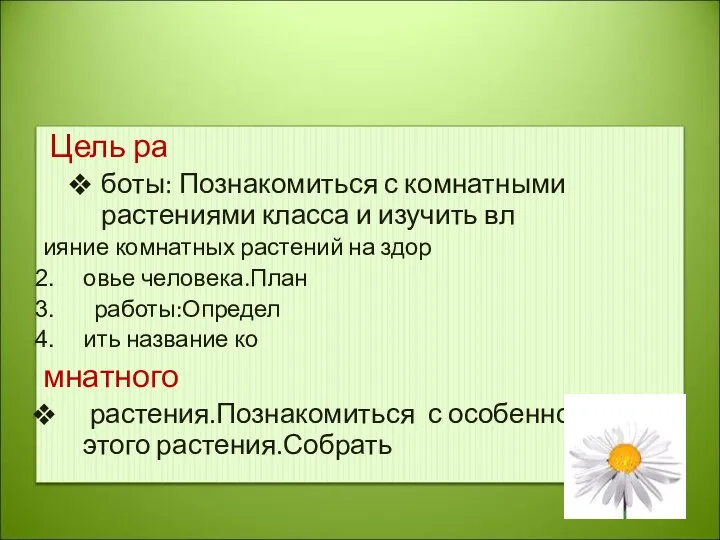 Цель ра боты: Познакомиться с комнатными растениями класса и изучить вл