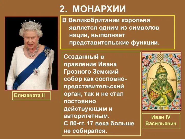 2. МОНАРХИИ В Великобритании королева является одним из символов нации, выполняет