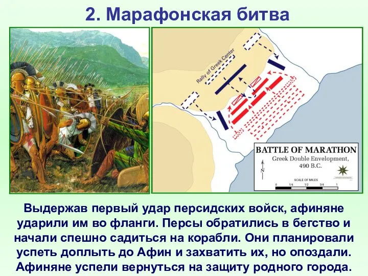 2. Марафонская битва Выдержав первый удар персидских войск, афиняне ударили им