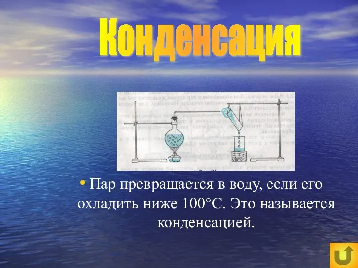 Пар превращается в воду, если его охладить ниже 100°С. Это называется конденсацией. Конденсация