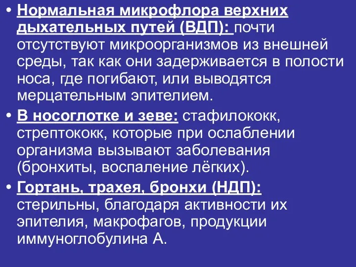 Нормальная микрофлора верхних дыхательных путей (ВДП): почти отсутствуют микроорганизмов из внешней