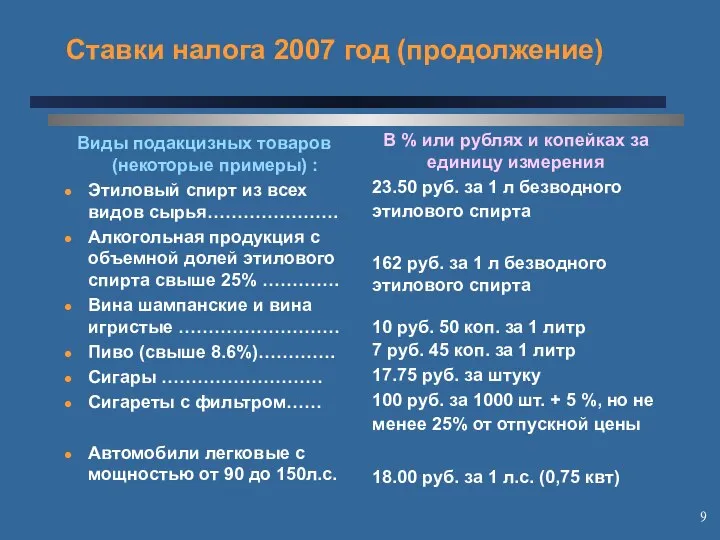 Ставки налога 2007 год (продолжение) Виды подакцизных товаров (некоторые примеры) :