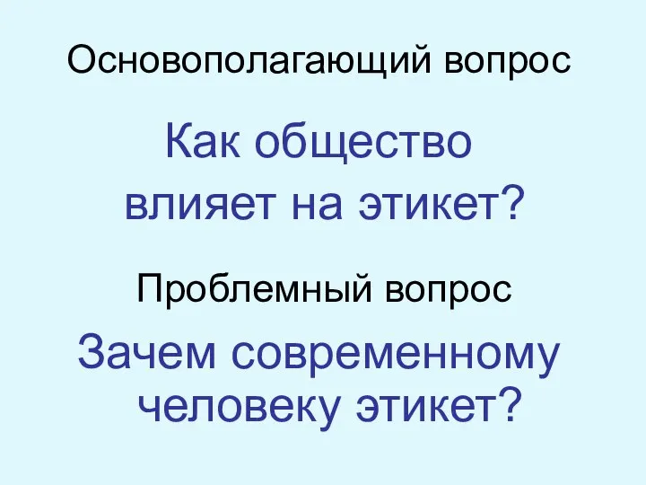 Основополагающий вопрос Как общество влияет на этикет? Проблемный вопрос Зачем современному человеку этикет?