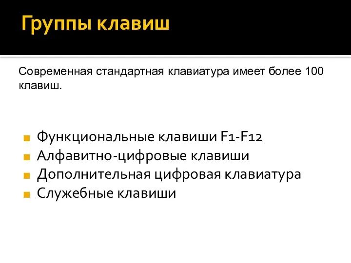 Группы клавиш Функциональные клавиши F1-F12 Алфавитно-цифровые клавиши Дополнительная цифровая клавиатура Служебные