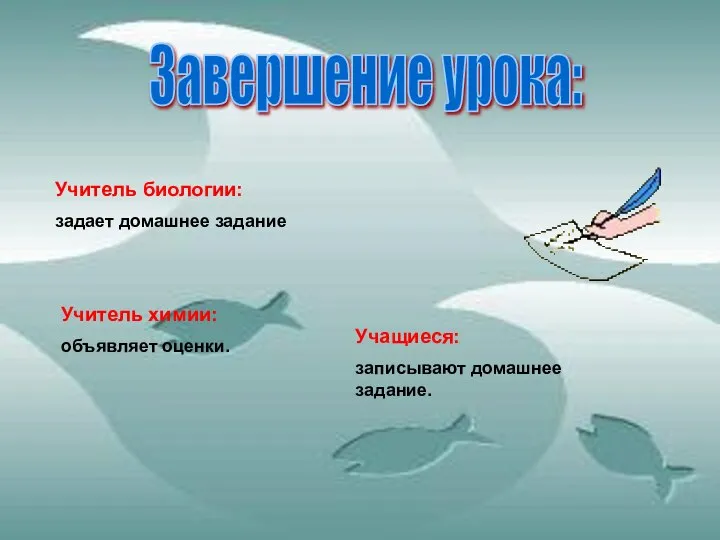 Завершение урока: Учитель биологии: задает домашнее задание Учитель химии: объявляет оценки. Учащиеся: записывают домашнее задание.