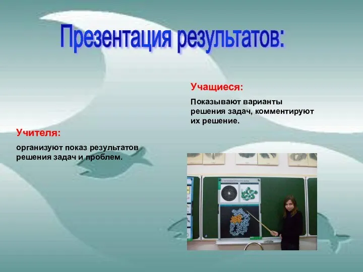 Презентация результатов: Учителя: организуют показ результатов решения задач и проблем. Учащиеся: