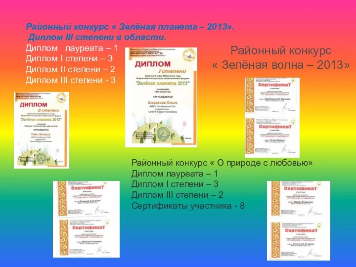 Районный конкурс « Зелёная планета – 2013». Диплом III степени в