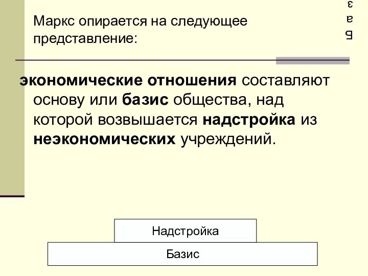 Базис Маркс опирается на следующее представление: экономические отношения составляют основу или